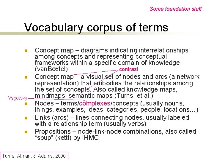 Some foundation stuff Vocabulary corpus of terms n n Vygotsky n n n Concept