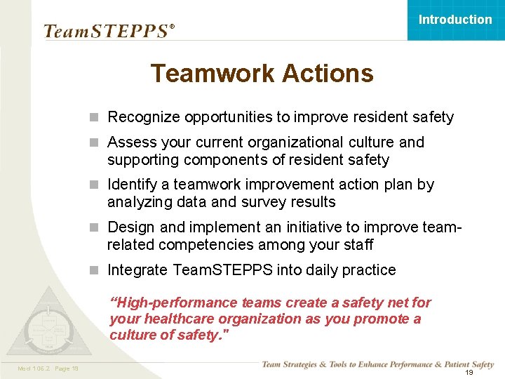 Introduction ® Teamwork Actions n Recognize opportunities to improve resident safety n Assess your