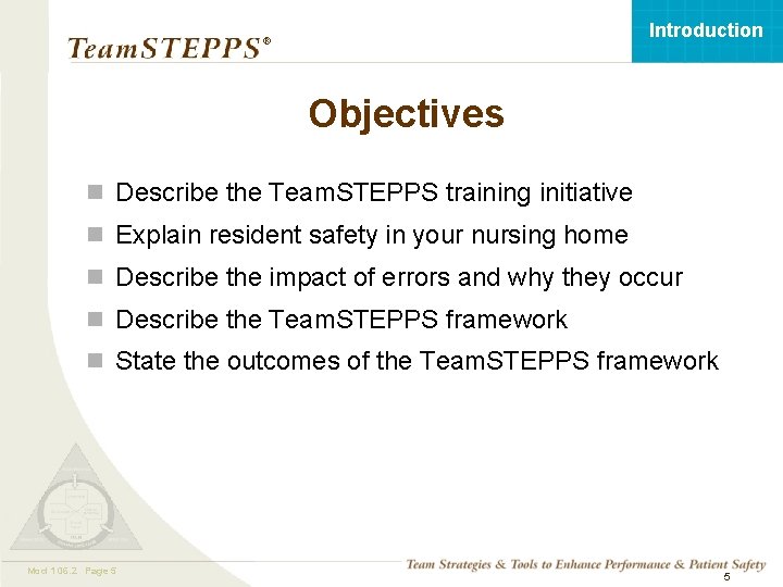 Introduction ® Objectives n Describe the Team. STEPPS training initiative n Explain resident safety