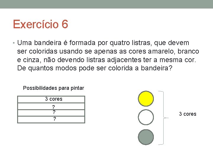 Exercício 6 • Uma bandeira é formada por quatro listras, que devem ser coloridas