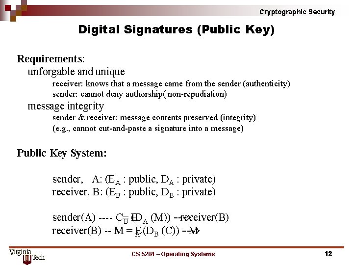 Cryptographic Security Digital Signatures (Public Key) Requirements: unforgable and unique receiver: knows that a