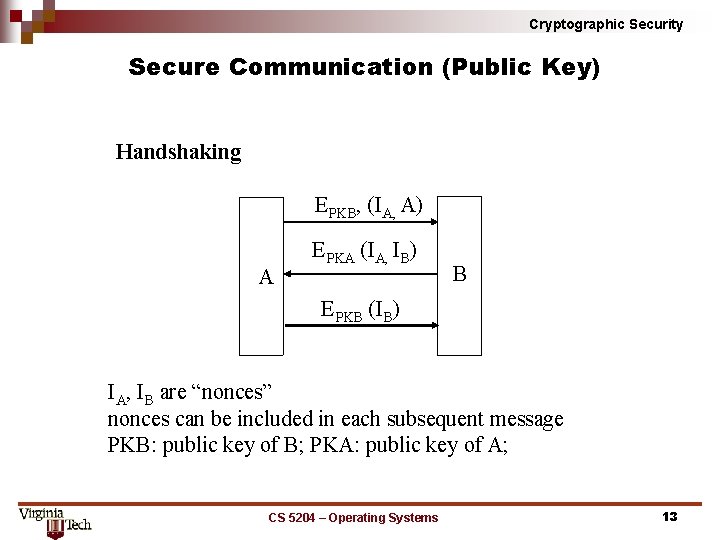 Cryptographic Security Secure Communication (Public Key) Handshaking EPKB, (IA, A) A EPKA (IA, IB)