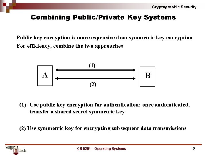Cryptographic Security Combining Public/Private Key Systems Public key encryption is more expensive than symmetric