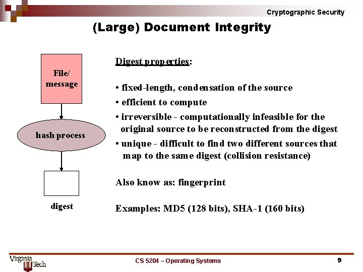 Cryptographic Security (Large) Document Integrity Digest properties: File/ message hash process • fixed-length, condensation