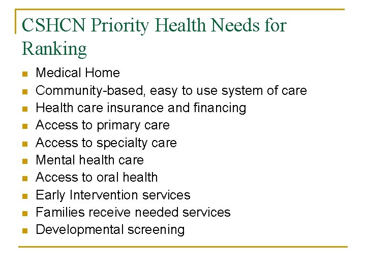 CSHCN Priority Health Needs for Ranking n n n n n Medical Home Community-based,