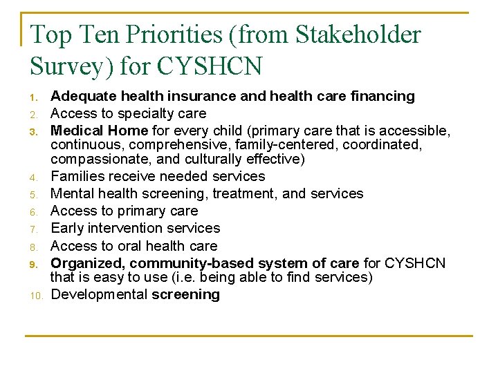 Top Ten Priorities (from Stakeholder Survey) for CYSHCN 1. 2. 3. 4. 5. 6.