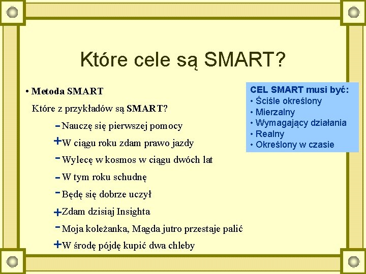 Które cele są SMART? • Metoda SMART Które z przykładów są SMART? - Nauczę