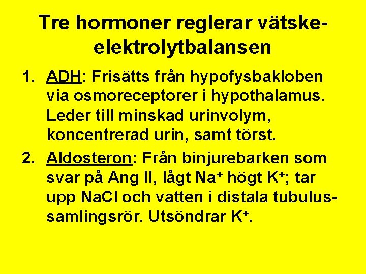 Tre hormoner reglerar vätskeelektrolytbalansen 1. ADH: Frisätts från hypofysbakloben via osmoreceptorer i hypothalamus. Leder