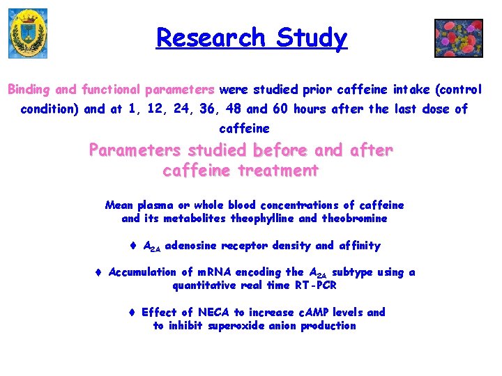 Research Study Binding and functional parameters were studied prior caffeine intake (control condition) and