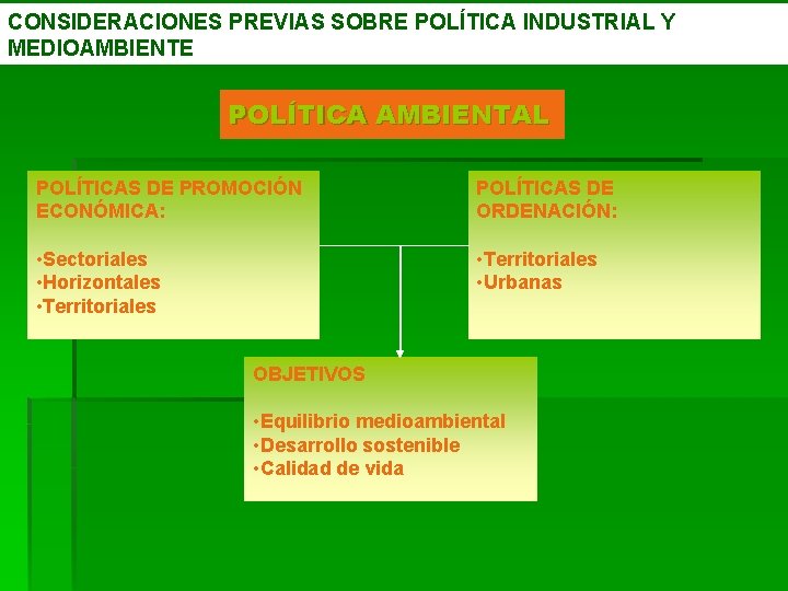 CONSIDERACIONES PREVIAS SOBRE POLÍTICA INDUSTRIAL Y MEDIOAMBIENTE POLÍTICA AMBIENTAL POLÍTICAS DE PROMOCIÓN ECONÓMICA: POLÍTICAS