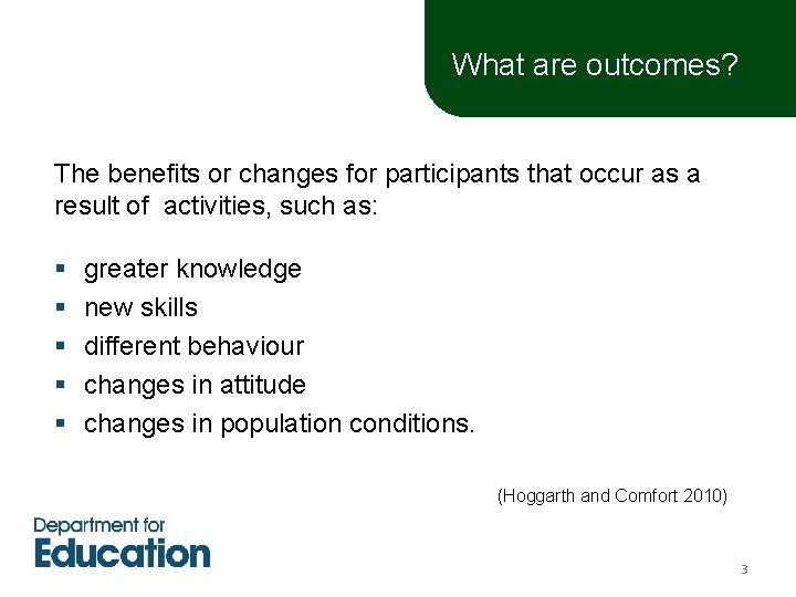What are outcomes? The benefits or changes for participants that occur as a result