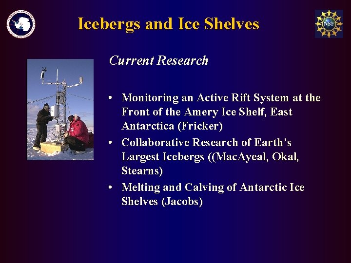 Icebergs and Ice Shelves Current Research • Monitoring an Active Rift System at the
