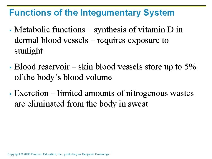Functions of the Integumentary System § § § Metabolic functions – synthesis of vitamin Functions of the Integumentary System § § § Metabolic functions – synthesis of vitamin