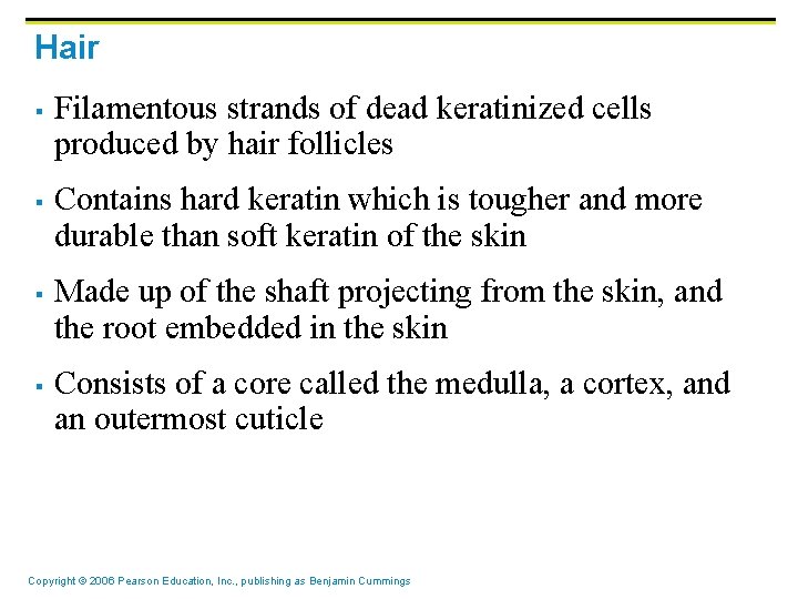 Hair § § Filamentous strands of dead keratinized cells produced by hair follicles Contains Hair § § Filamentous strands of dead keratinized cells produced by hair follicles Contains