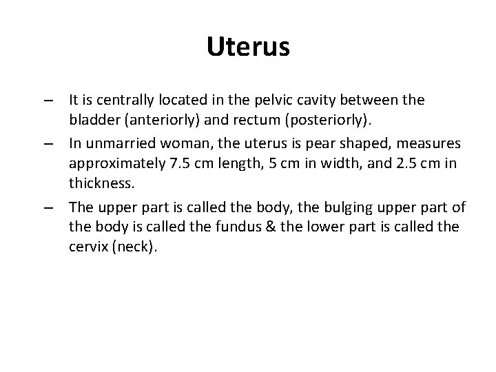 Uterus – It is centrally located in the pelvic cavity between the bladder (anteriorly)