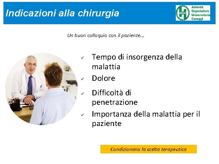 Indicazioni alla chirurgia Un buon colloquio con il paziente. . . ü ü Tempo Indicazioni alla chirurgia Un buon colloquio con il paziente. . . ü ü Tempo