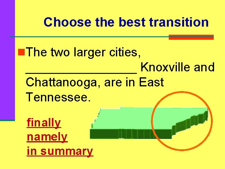 Choose the best transition n. The two larger cities, ________ Knoxville and Chattanooga, are