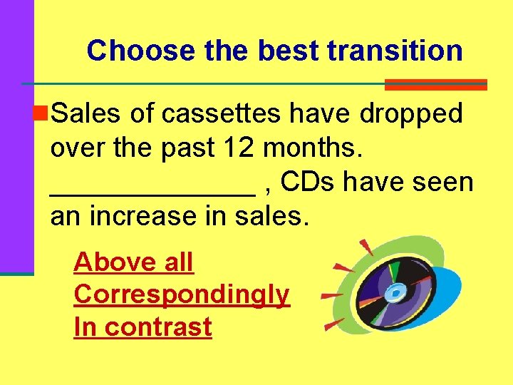 Choose the best transition n. Sales of cassettes have dropped over the past 12