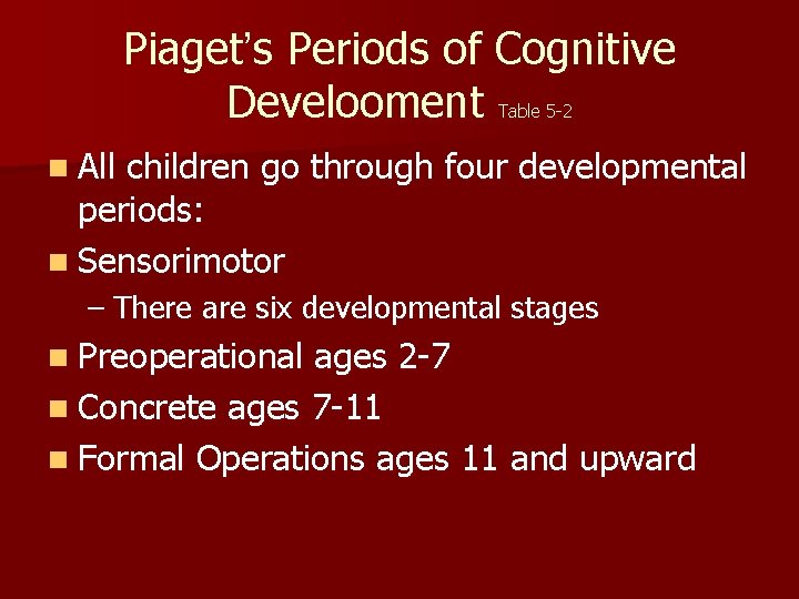 Piaget’s Periods of Cognitive Develooment Table 5 -2 n All children go through four