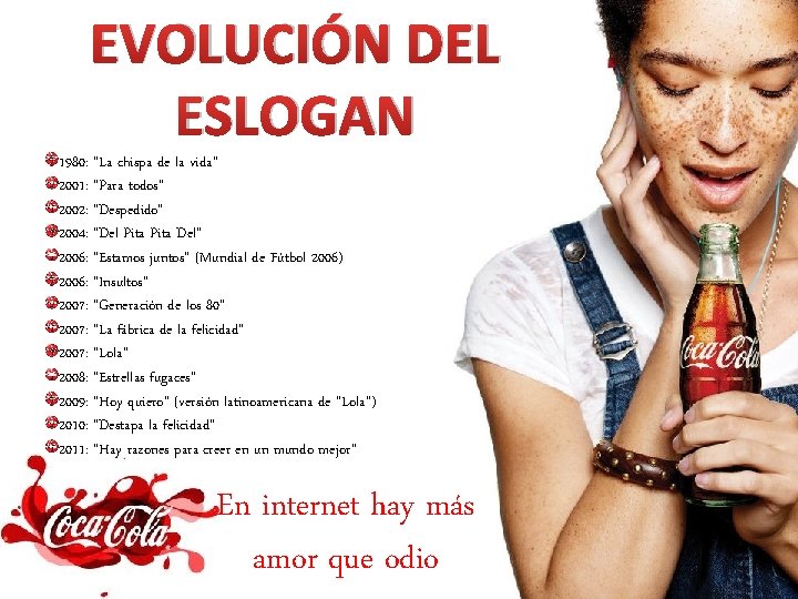 EVOLUCIÓN DEL ESLOGAN 1980: "La chispa de la vida" 2001: "Para todos" 2002: "Despedido"