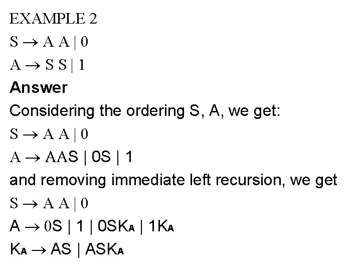 EXAMPLE 2 S®AA|0 A®SS|1 Answer Considering the ordering S, A, we get: S®AA|0 A