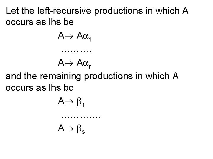 Let the left-recursive productions in which A occurs as lhs be A® Aa 1