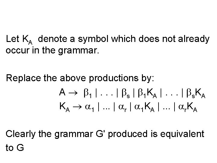 Let KA denote a symbol which does not already occur in the grammar. Replace