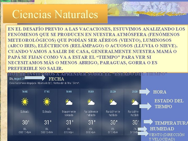 Ciencias Naturales EN EL DESAFÍO PREVIO A LAS VACACIONES, ESTUVIMOS ANALIZANDO LOS FENÓMENOS QUE