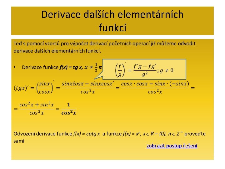 Derivace dalších elementárních funkcí • zobrazit postup řešení 