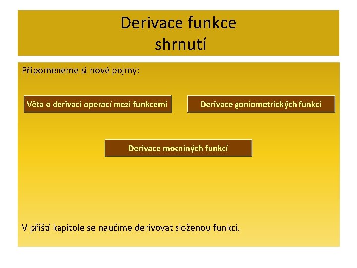 Derivace funkce shrnutí Připomeneme si nové pojmy: V příští kapitole se naučíme derivovat složenou