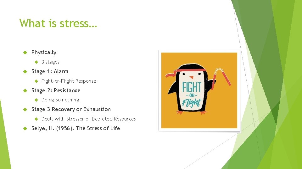 What is stress… Physically Stage 1: Alarm Doing Something Stage 3 Recovery or Exhaustion