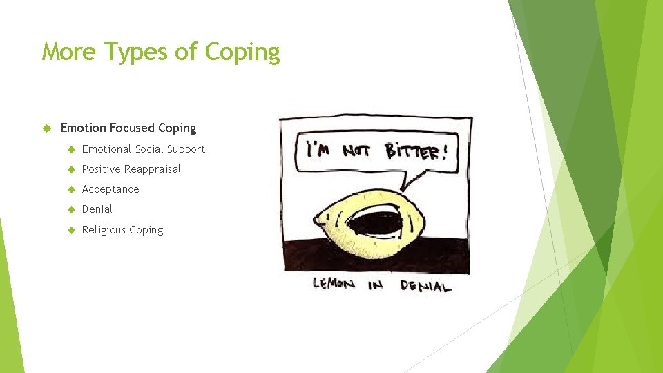 More Types of Coping Emotion Focused Coping Emotional Social Support Positive Reappraisal Acceptance Denial