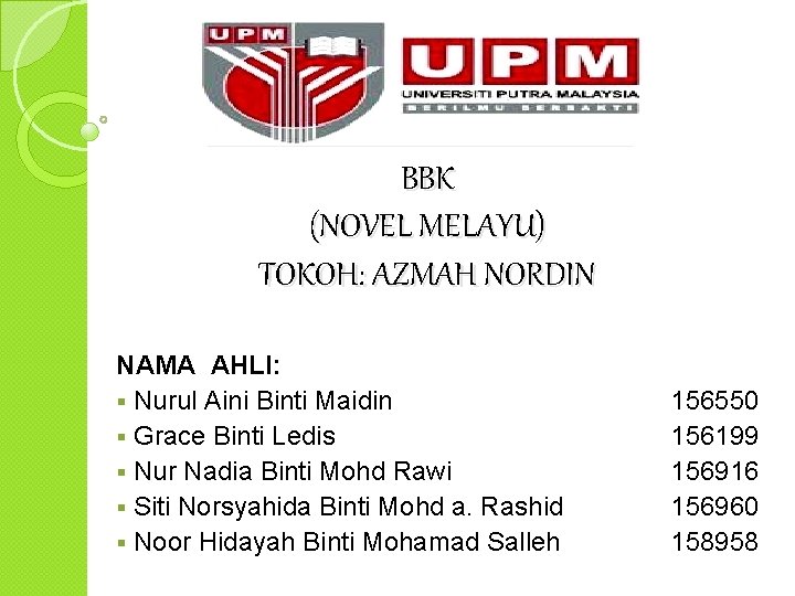 BBK (NOVEL MELAYU) TOKOH: AZMAH NORDIN NAMA AHLI: § Nurul Aini Binti Maidin §