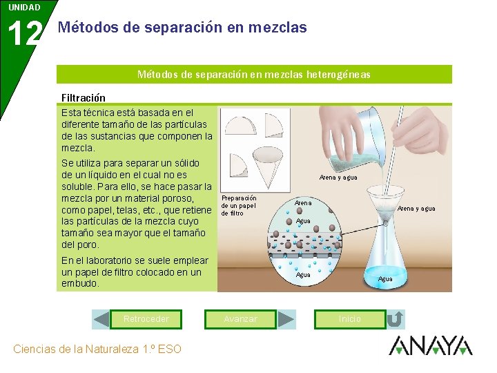 UNIDAD 12 Métodos de separación en mezclas heterogéneas Filtración Esta técnica está basada en