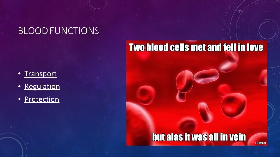 BLOOD FUNCTIONS • Transport • Regulation • Protection 