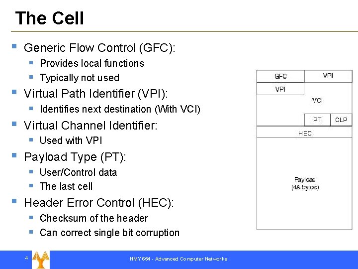 The Cell § Generic Flow Control (GFC): § § § Virtual Path Identifier (VPI):