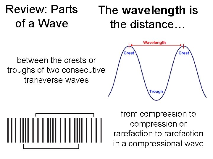 Review: Parts of a Wave The wavelength is the distance… between the crests or