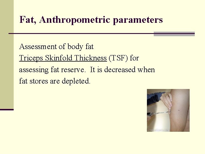 Fat, Anthropometric parameters Assessment of body fat Triceps Skinfold Thickness (TSF) for assessing fat