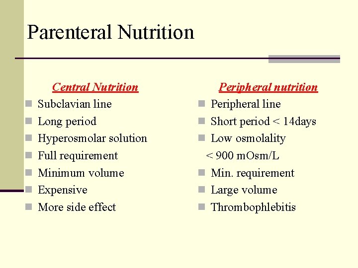 Parenteral Nutrition n n n Central Nutrition Subclavian line Long period Hyperosmolar solution Full
