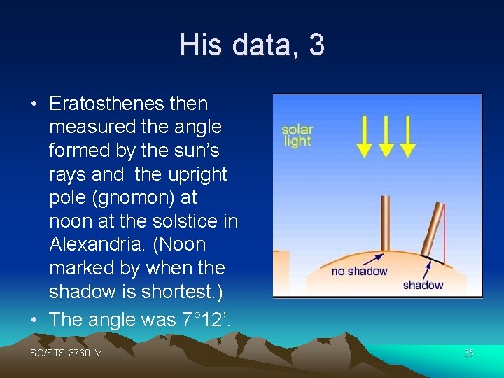 His data, 3 • Eratosthenes then measured the angle formed by the sun’s rays