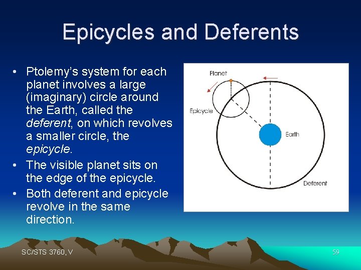 Epicycles and Deferents • Ptolemy’s system for each planet involves a large (imaginary) circle