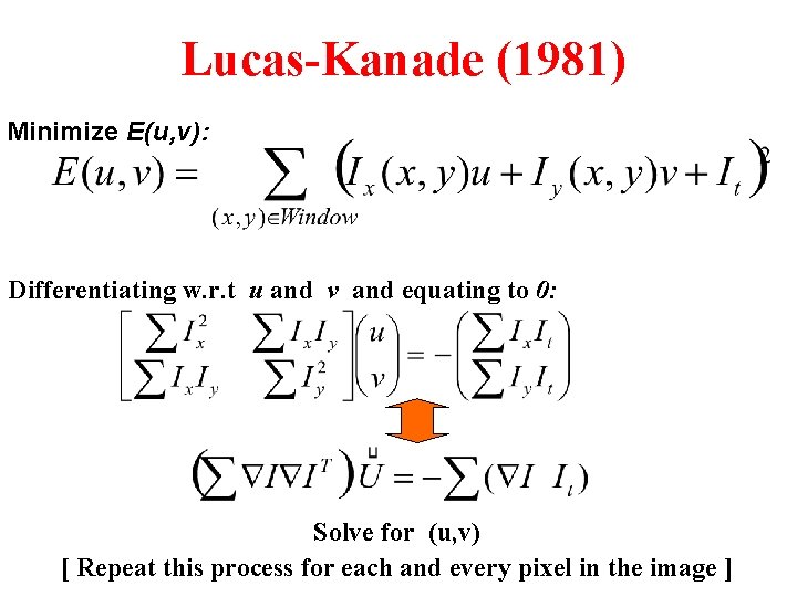 Lucas-Kanade (1981) Minimize E(u, v): Differentiating w. r. t u and v and equating