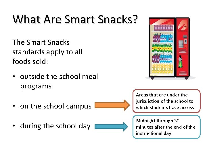 What Are Smart Snacks? The Smart Snacks standards apply to all foods sold: •