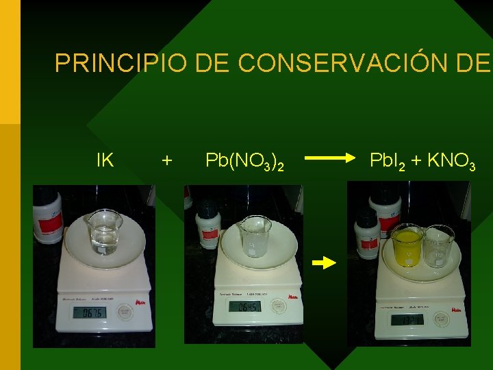 PRINCIPIO DE CONSERVACIÓN DEL IK + Pb(NO 3)2 Pb. I 2 + KNO 3
