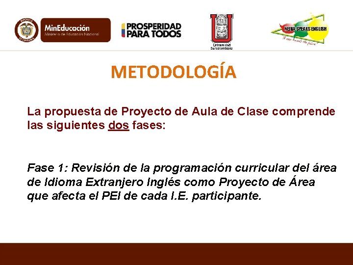 METODOLOGÍA La propuesta de Proyecto de Aula de Clase comprende las siguientes dos fases: