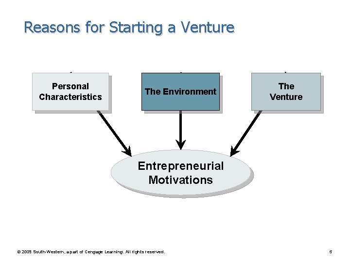 Reasons for Starting a Venture Personal Characteristics The Environment The Venture Entrepreneurial Motivations ©