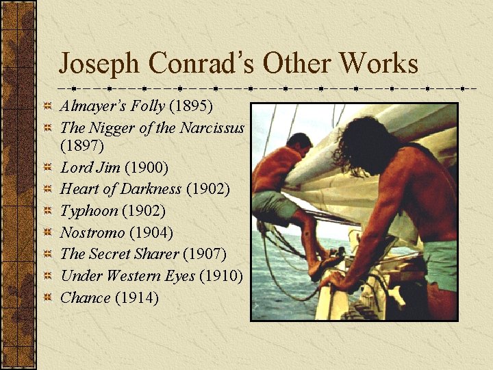 Joseph Conrad’s Other Works Almayer’s Folly (1895) The Nigger of the Narcissus (1897) Lord