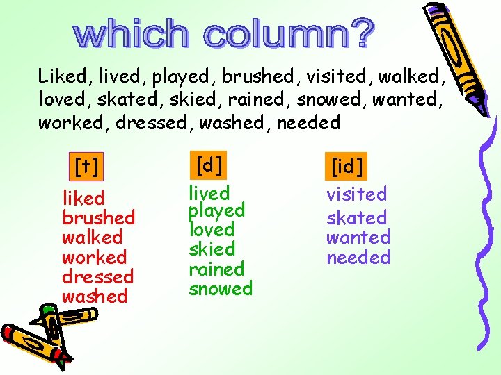 Liked, lived, played, brushed, visited, walked, loved, skated, skied, rained, snowed, wanted, worked, dressed, Liked, lived, played, brushed, visited, walked, loved, skated, skied, rained, snowed, wanted, worked, dressed,