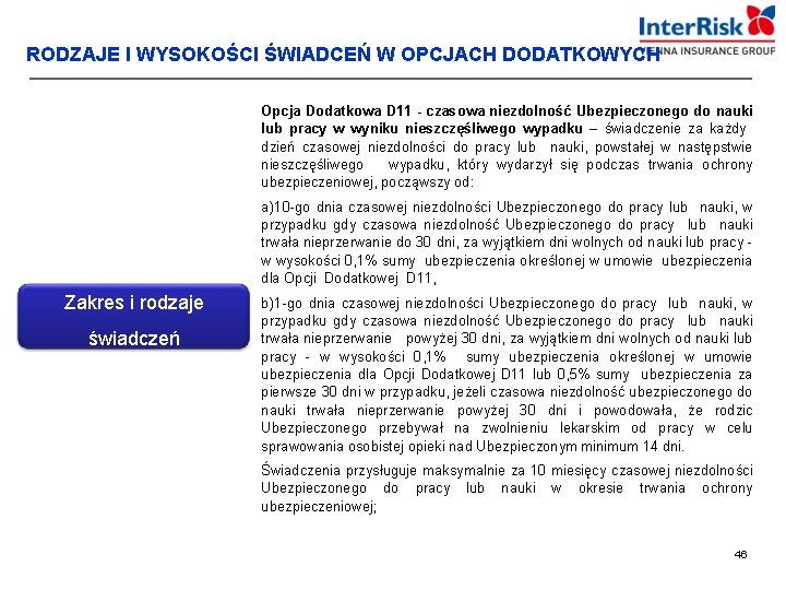 RODZAJE I WYSOKOŚCI ŚWIADCEŃ W OPCJACH DODATKOWYCH Opcja Dodatkowa D 11 - czasowa niezdolność
