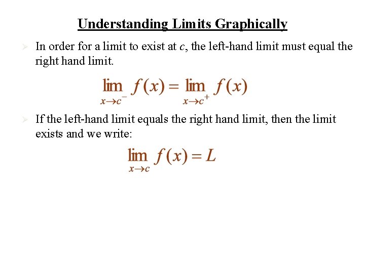 Understanding Limits Graphically Ø In order for a limit to exist at c, the